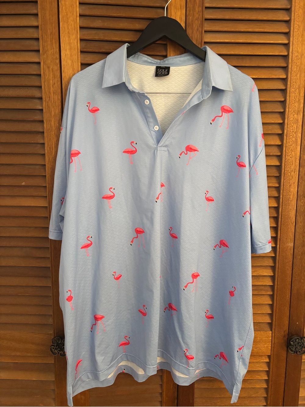 Men's Light Blue Polo with Pink Flamingo Print - golf gods Australia size 3XL